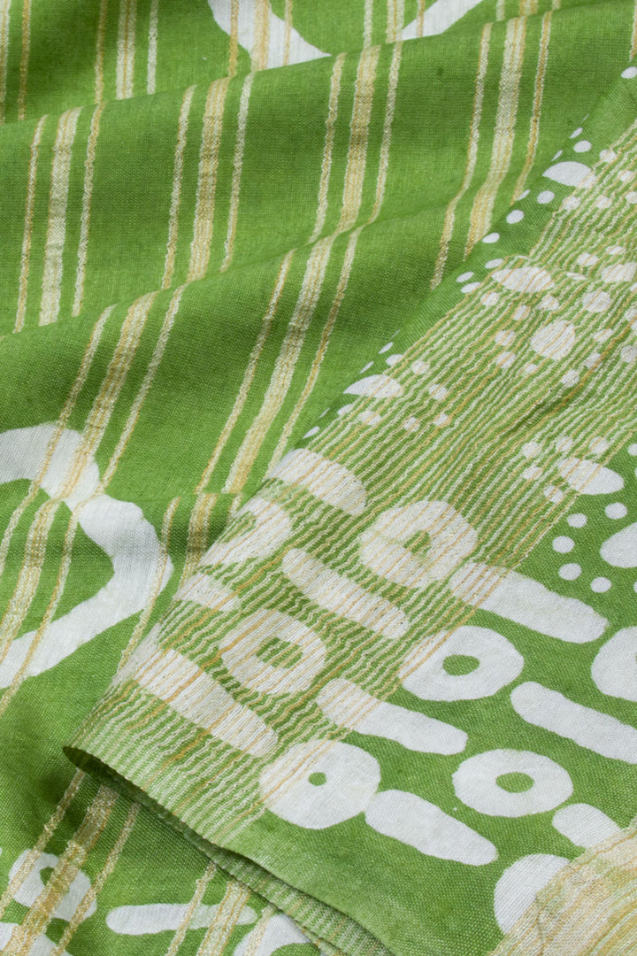 Pear Green Batik Printed Linen Cotton Saree 10061910