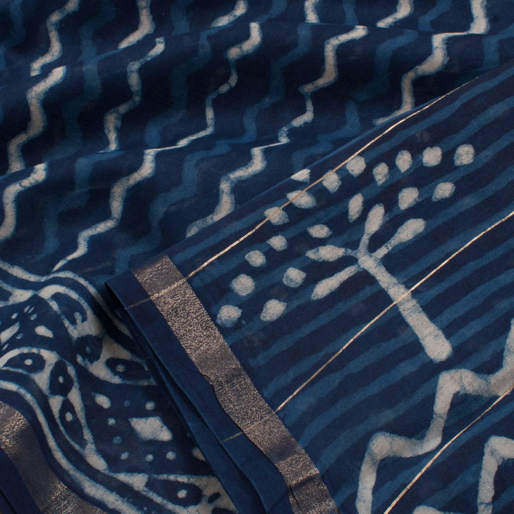 Dabu Printed Chanderi Silk Cotton Saree with Zigzag Stripes Design 