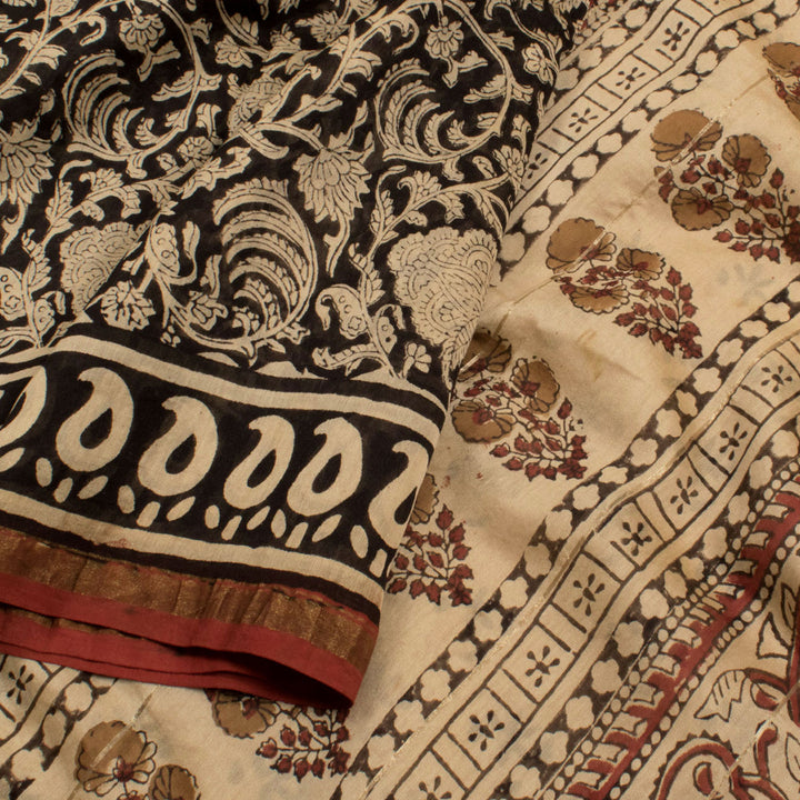 Hand Block Printed Chanderi Silk Cotton Saree with Floral Motifs and Paisley Border
