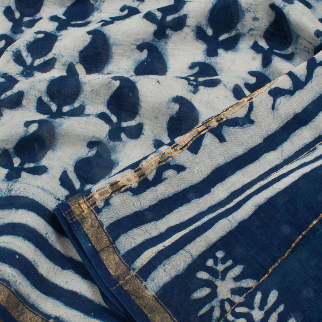 Dabu Printed Chanderi Silk Cotton Saree with Paisley Motifs and Stripes Border