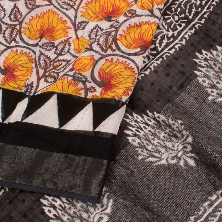 Hand Block Printed Slub Cotton Saree with Floral Design 