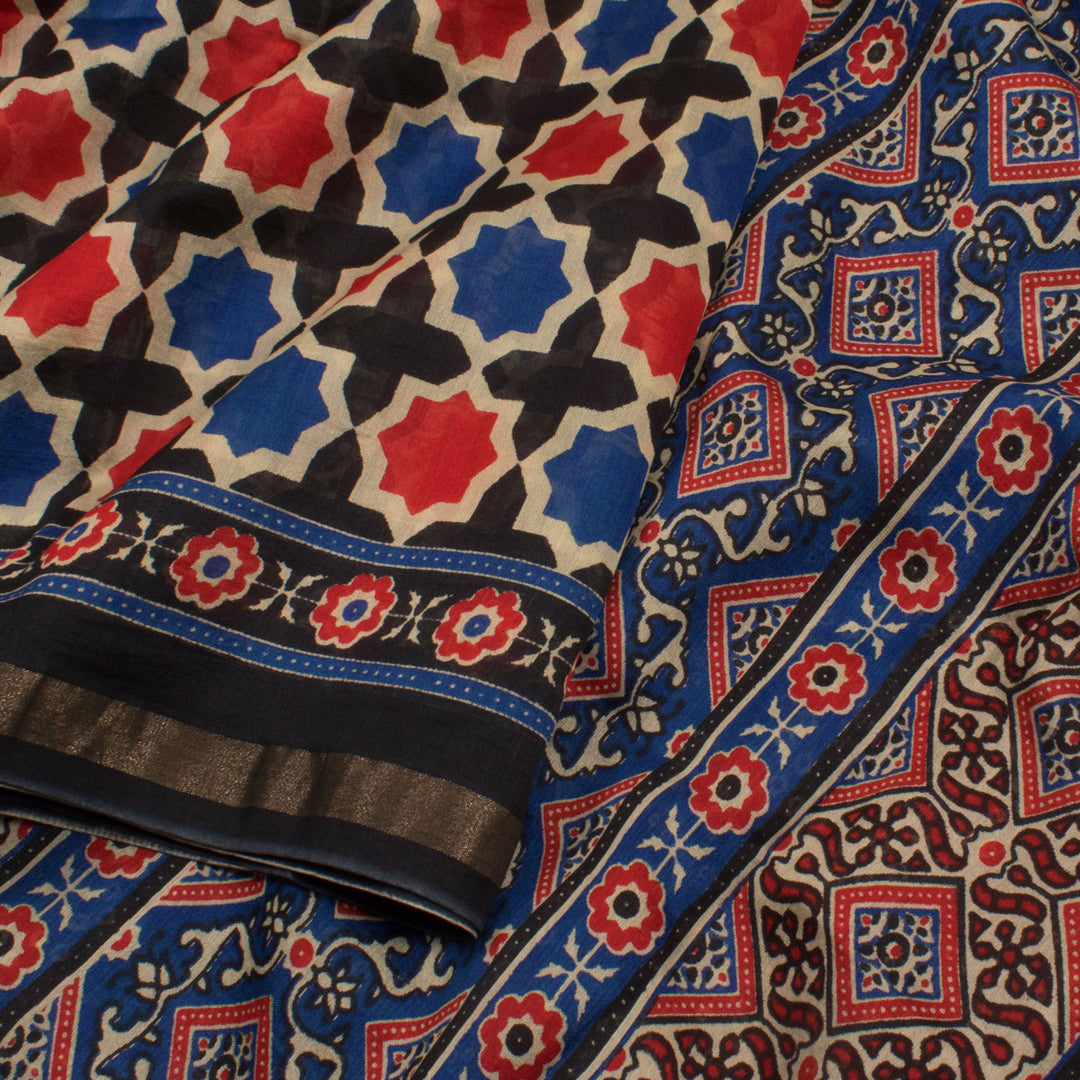 Hand Block Printed Chanderi Silk Cotton Saree with Geometric Design and Floral Border 