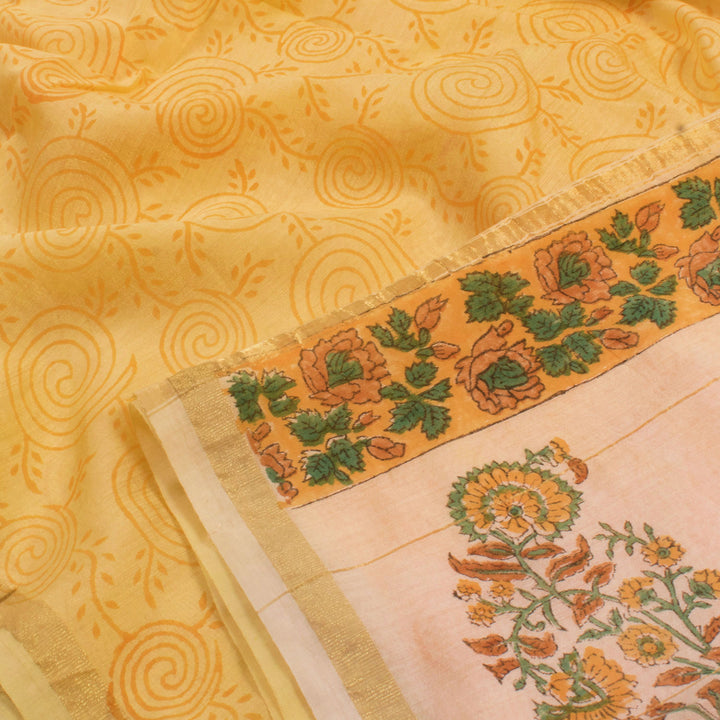 Hand Block Printed Chanderi Silk Cotton Saree with Spiral Design and Floral Pallu
