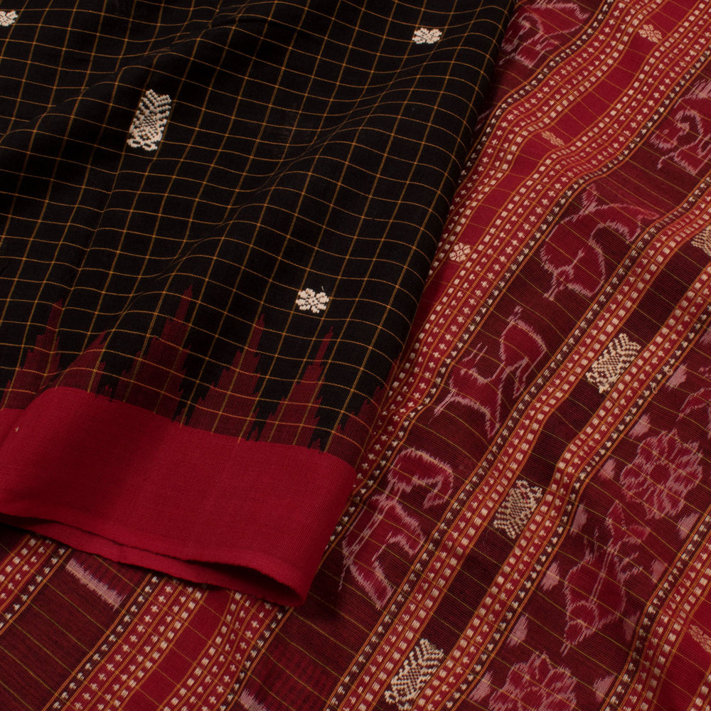 Handloom Odisha Cotton Saree with Checks Design, Fish Floral Motifs, Ikat Pallu and Kumbha Border 