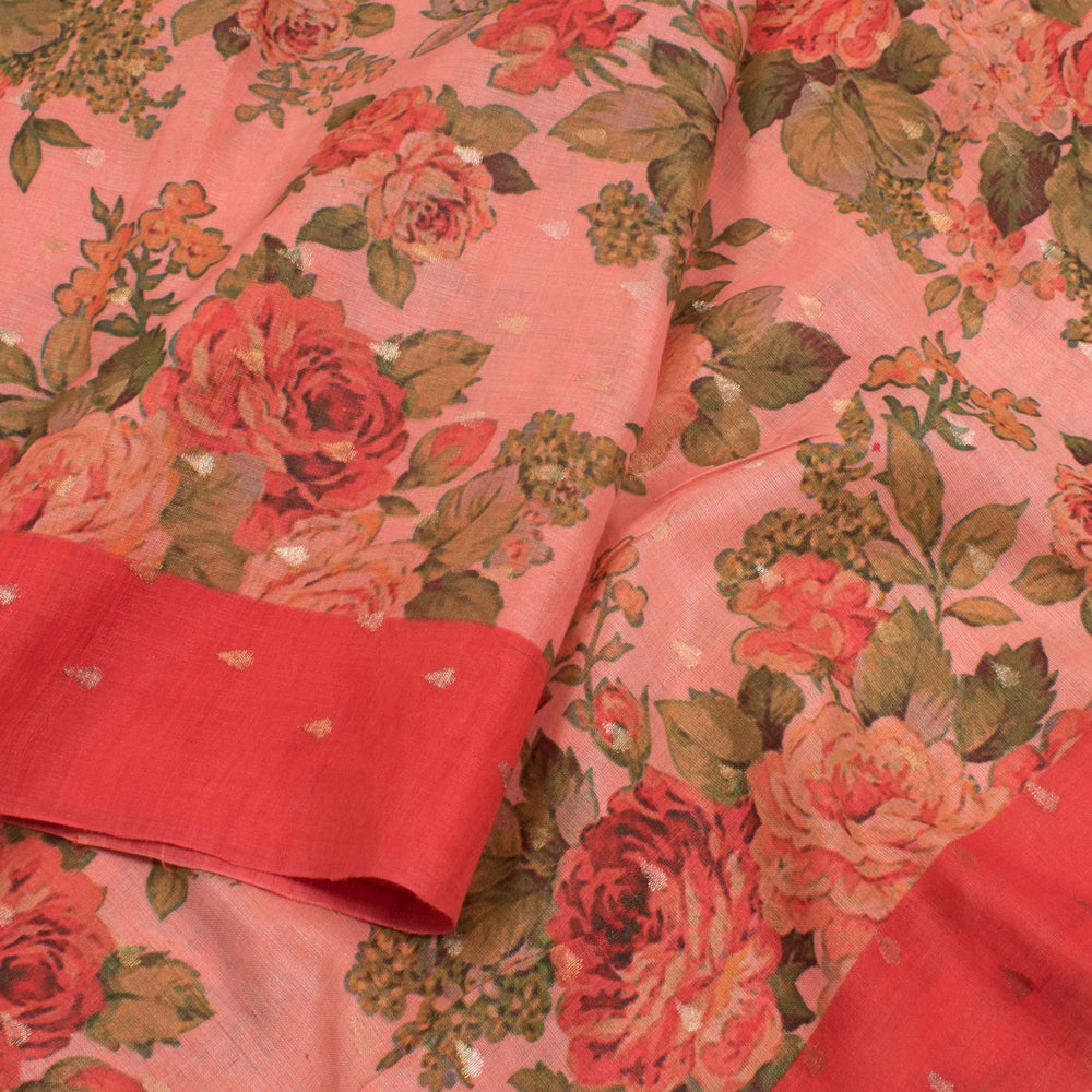 Digital Printed Muga Silk Saree with Floral, Raindrop Zari Motifs and without Blouse