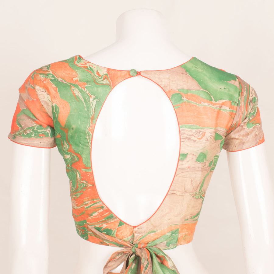 Marble Printed Banana Silk Blouse with Oval Back and Bow Tie-back