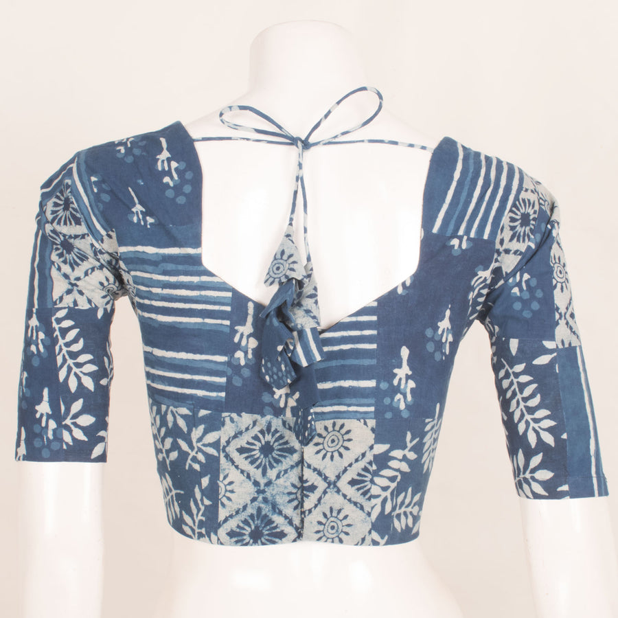 Dabu Printed Cotton Blouse with Pentagon Neckline, Patch Work and Back Tie-Up