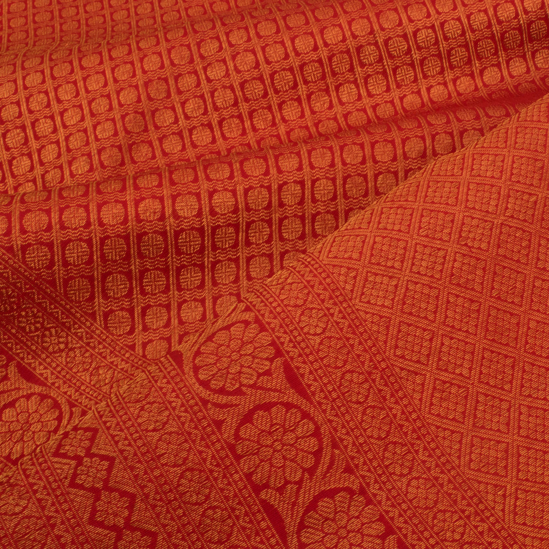 Handloom Pure Zari Jacquard Kanjivaram Silk Saree with Rudhraksham Motifs Diagonal Checks Design and Floral Border