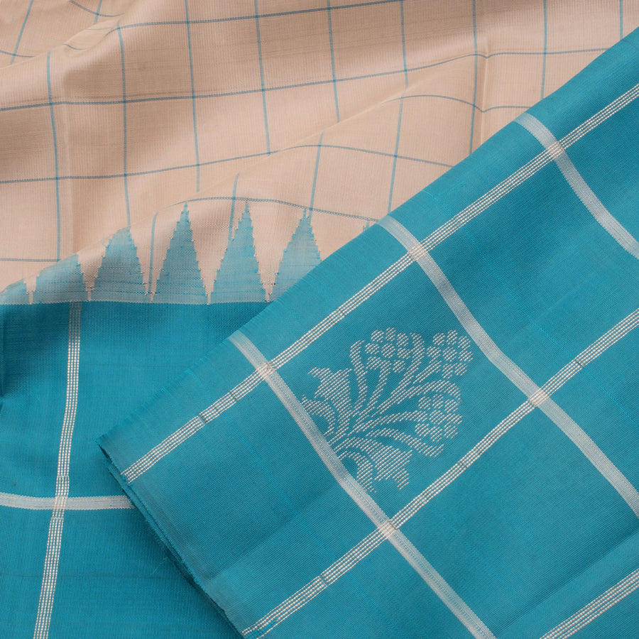 Handloom Pure Zari Korvai Kanjivaram Silk Saree with Checks Design and Single Side Temple Border 