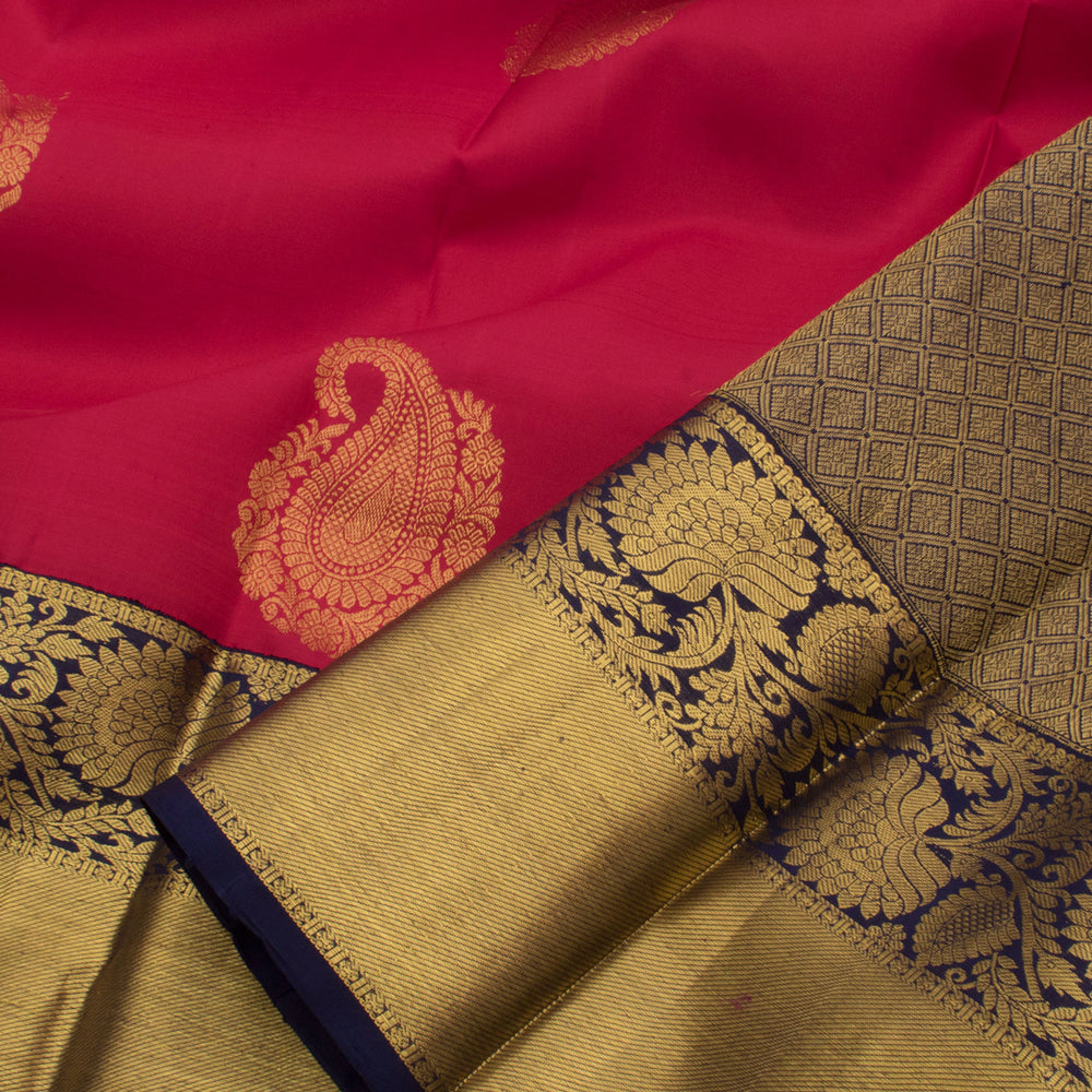 Handloom Pure Zari Korvai Kanjivaram Silk Saree with Paisley Motifs and Bavanji Floral Border 