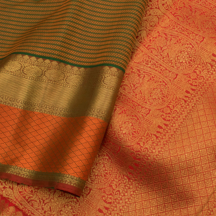 Handloom Pure Zari Jacquard Kanjivaram Silk Saree with Threadwork Stripes Design and Salangai Neli Border