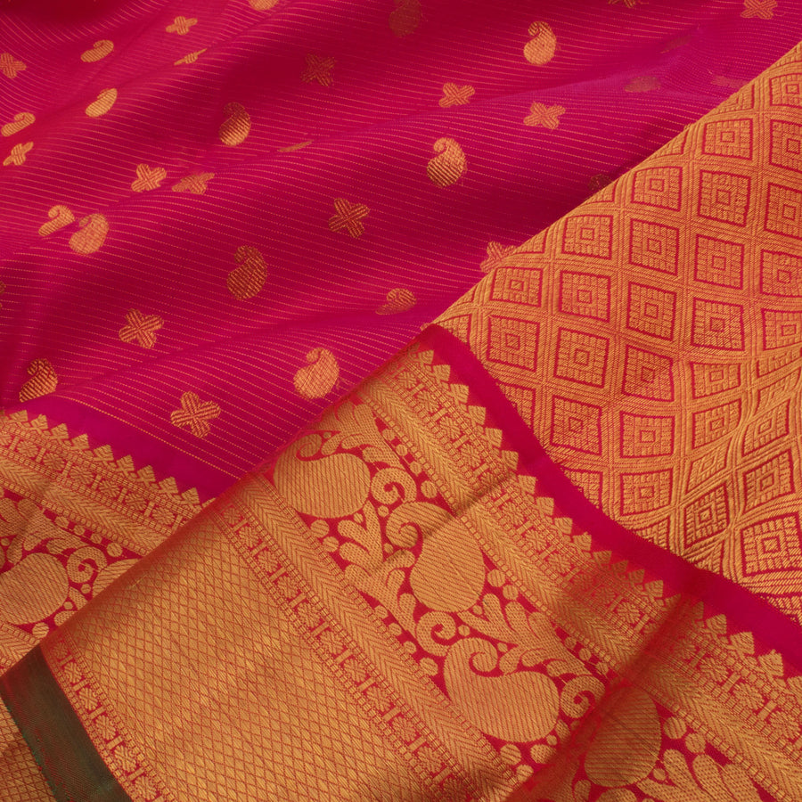 Handloom Pure Zari Bridal Kanjivaram Silk Saree with Vaira Oosi Stripes Design Paisley Motifs and Diamond Border