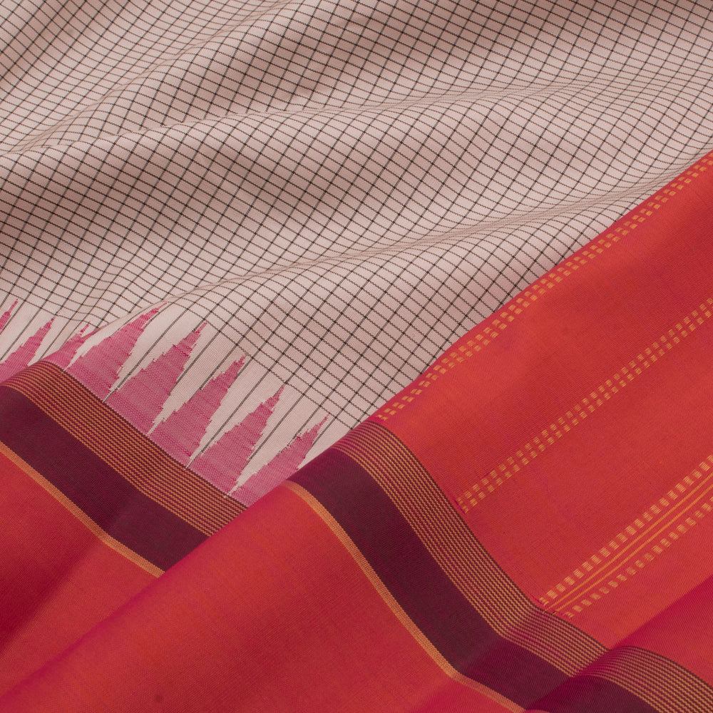 Handloom Pure Zari Korvai Kanjivaram Silk Saree with Checks Design and Temple Border