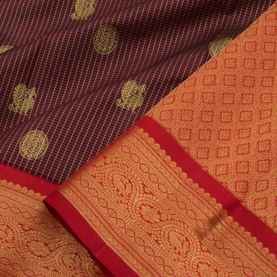 Handloom Pure Zari Bridal Korvai Kanjivaram Silk Saree with Zari Checks Design and Mayil Chakram Motifs and Kodimalar Border
