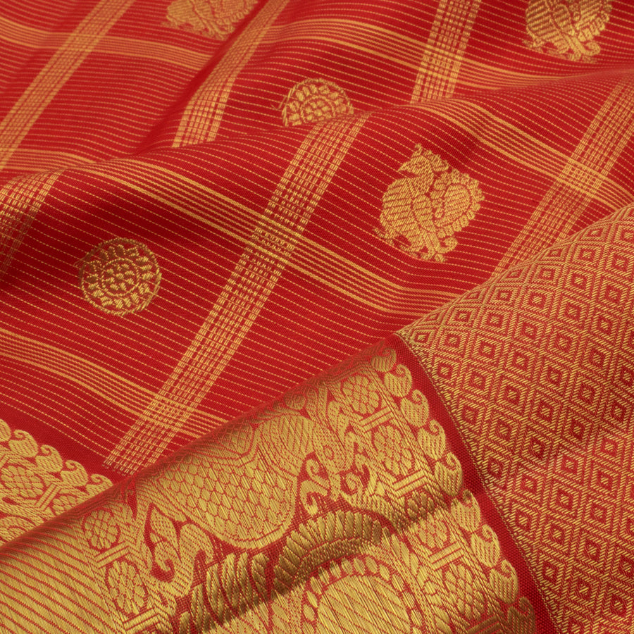 Handloom Pure Zari Bridal Kanjivaram Silk Saree with Vaira Oosi Checks Design and Peacock Border
