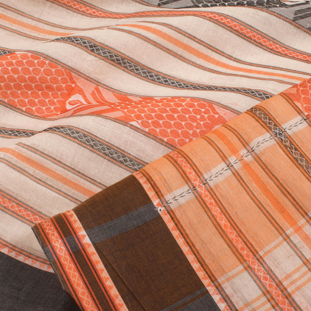Handloom Bengal Cotton Saree with Stripes Design and Fish Motifs