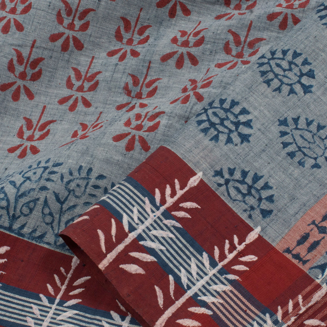 Hand Block Printed Cotton Saree with Floral Motifs