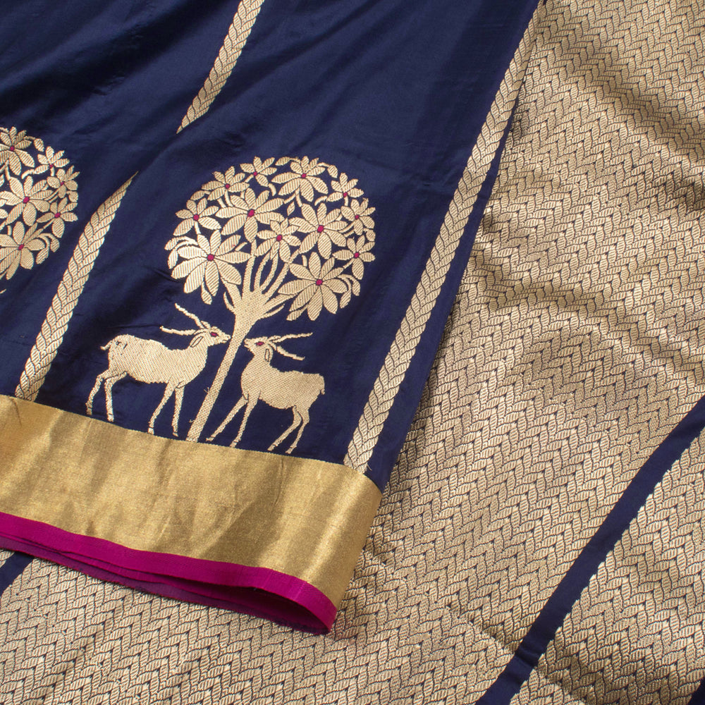 Handloom Banarasi Kadhwa Katan Silk Saree with Stripes Design and Meenakari Tree, Deer Butis Border