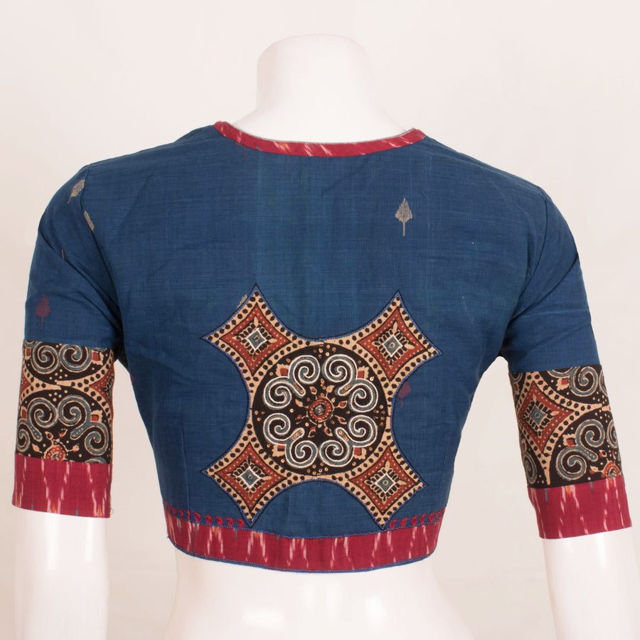 Handcrafted Khadi Cotton Blouse with Sequin Embroidered and Printed Patch Work Back and Ikat Sleeve