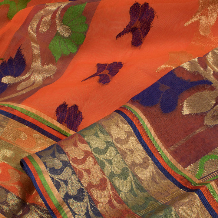 Handloom Bengal Cotton Saree with Floral Zari Motifs and Multicolour Border