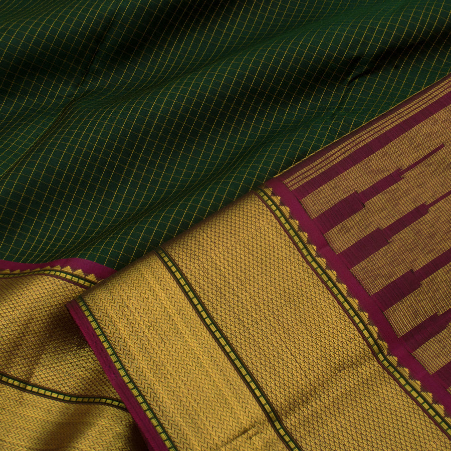 Handloom Pure Zari Kanjivaram Silk Saree with Checks Design and Vanki Border