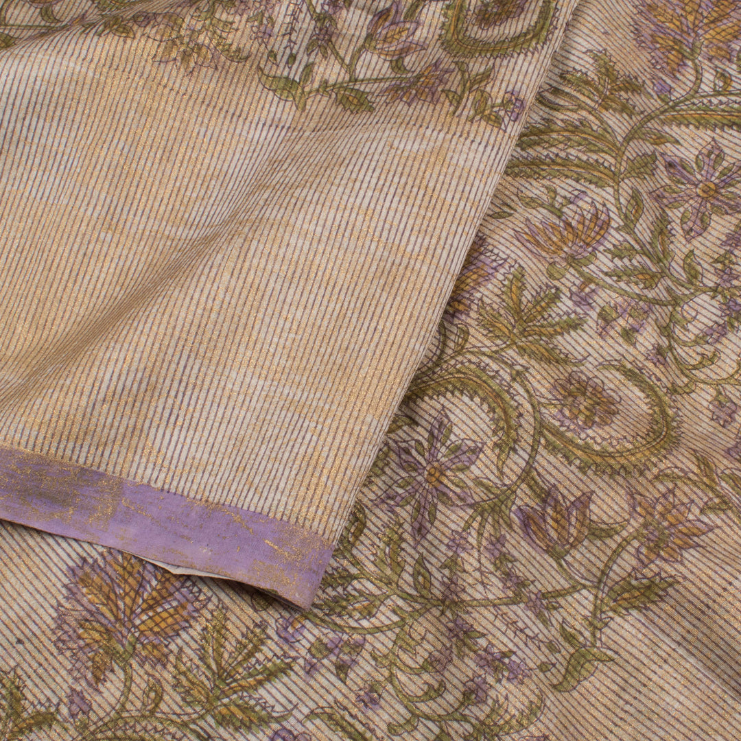 Hand Block Printed Chanderi Silk Cotton Saree with Floral Stripes Design and Metallic Overlay