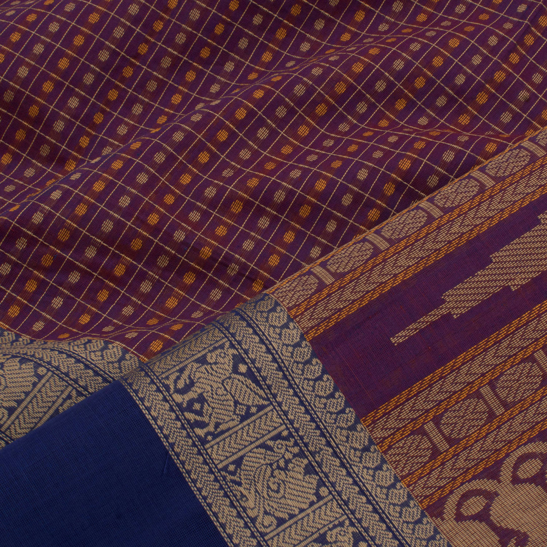Handloom Kanchi Cotton Saree with Checks Design Dot Motifs and Ganga Jamuna Border