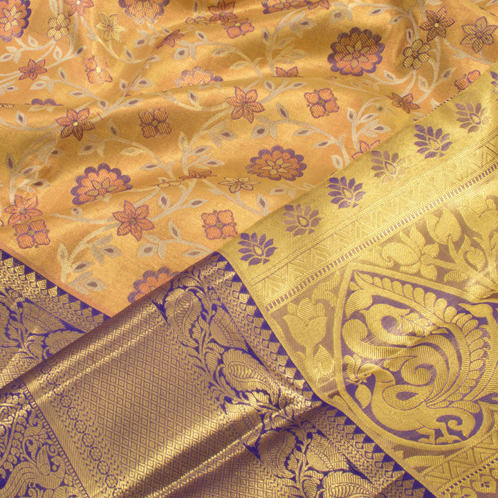 Handloom Pure Tissue Silk Bridal Jacquard Kanjivaram Saree with Kodimalar Design and Kuyil Kann Peacock Border 