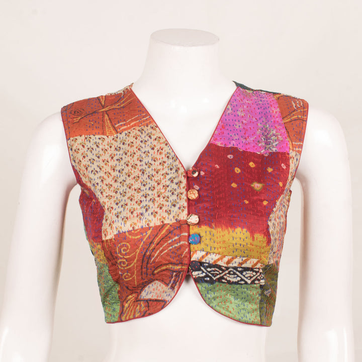Kantha Embroidered Patchwork Sleeveless Silk Blouse 10056685