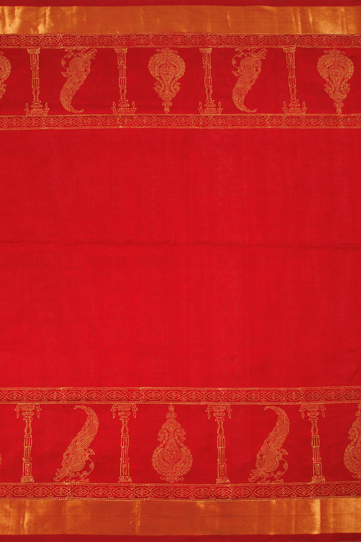 Dark Red Hand Block Printed Silk Cotton Saree 10060271