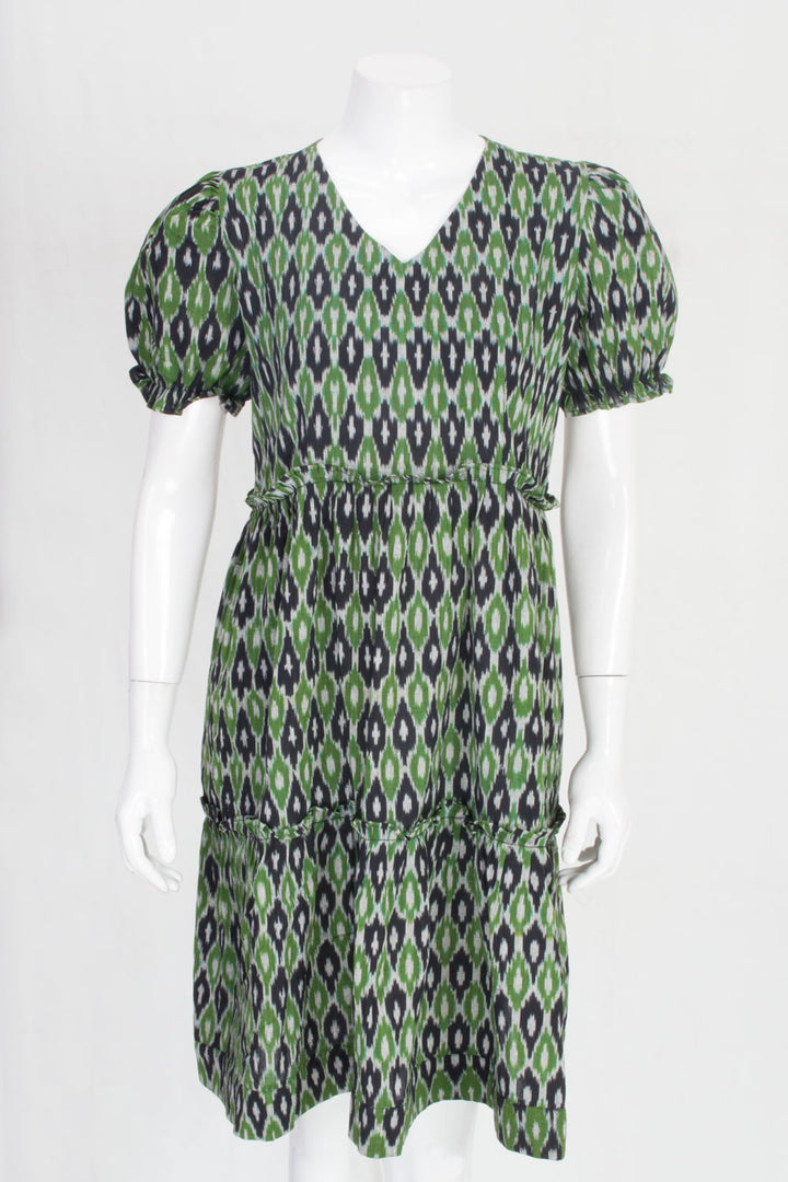 Green Handcrafted Ikat Cotton Dress 10060391