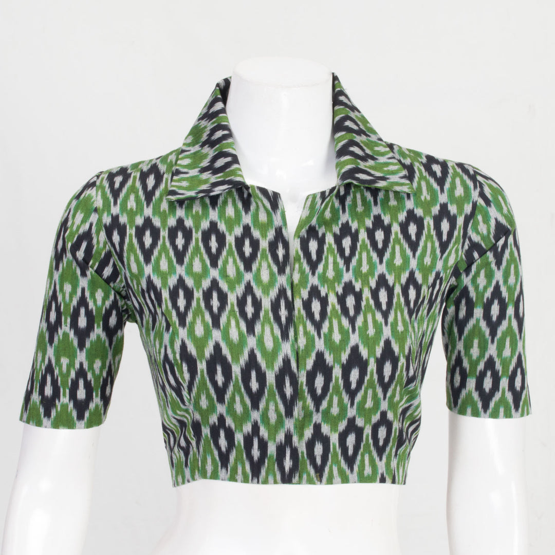 Green Handcrafted Ikat Cotton Blouse 10061173