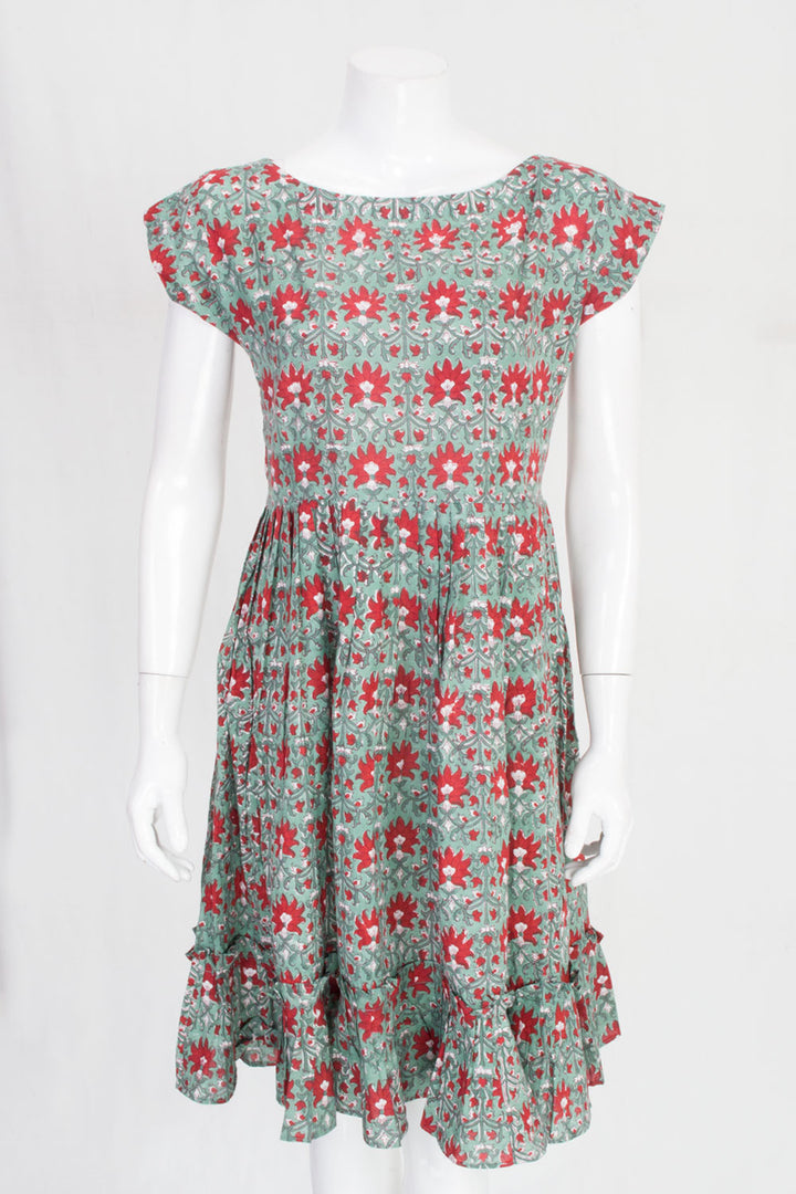 Green Hand Block Printed Cotton Dress 10061601
