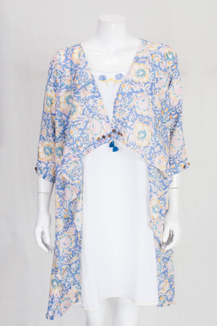 Blue & White Hand Block Printed Cotton A line Dress 10061651
