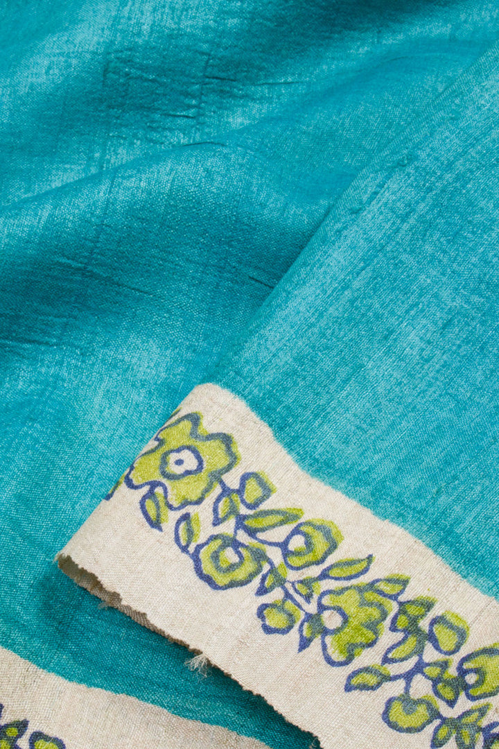 Blue Hand Block Printed Tussar Silk 3-Piece Salwar Suit Material 10061840