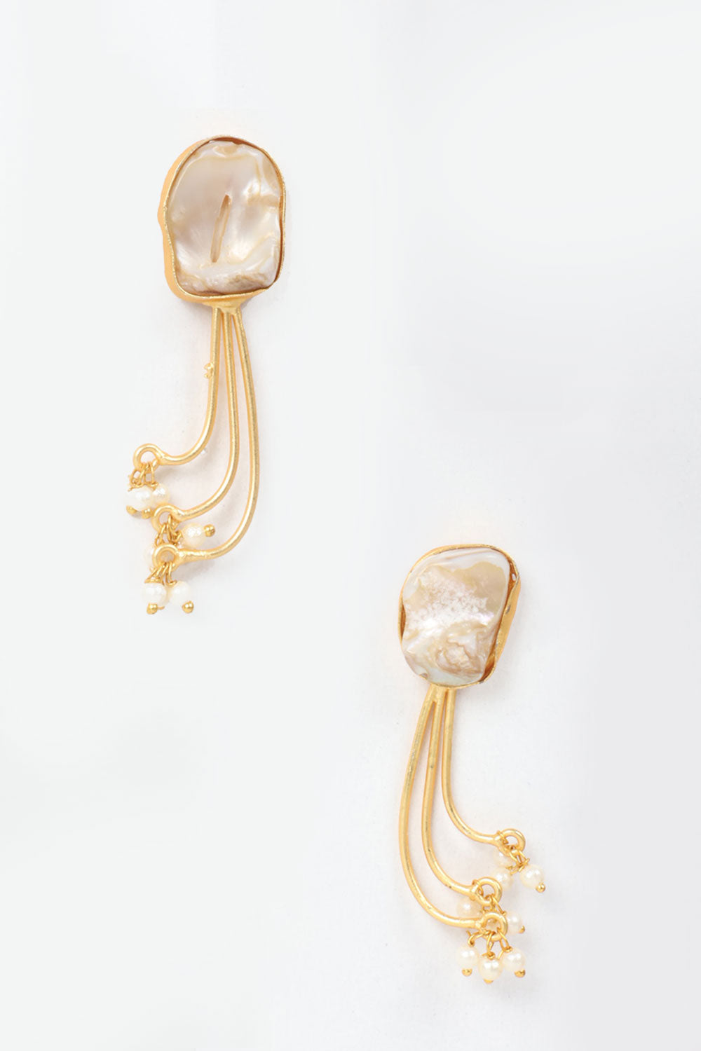 Handcrafted Brass Metal Drop Earrings with White Semi Precious Stone