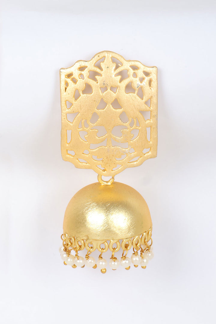 Handcrafted Gold Tone Trellis Design Brass Earrings 10061351