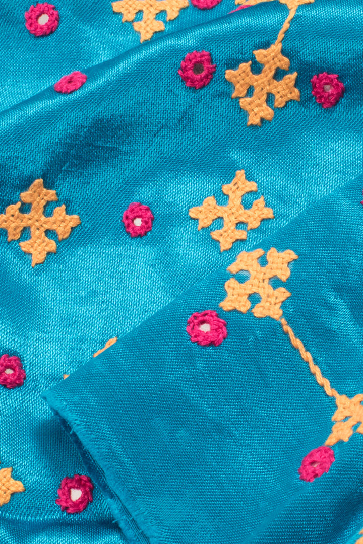 Deep Sky Blue Rabari Embroidered Mashru Blouse Material 10059176
