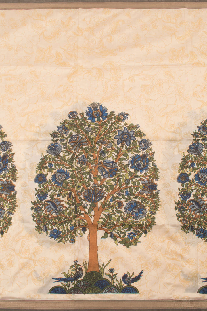Cream Printed Maheshwari Mulberry Silk Saree with Floral and Bird Motifs 10059561
