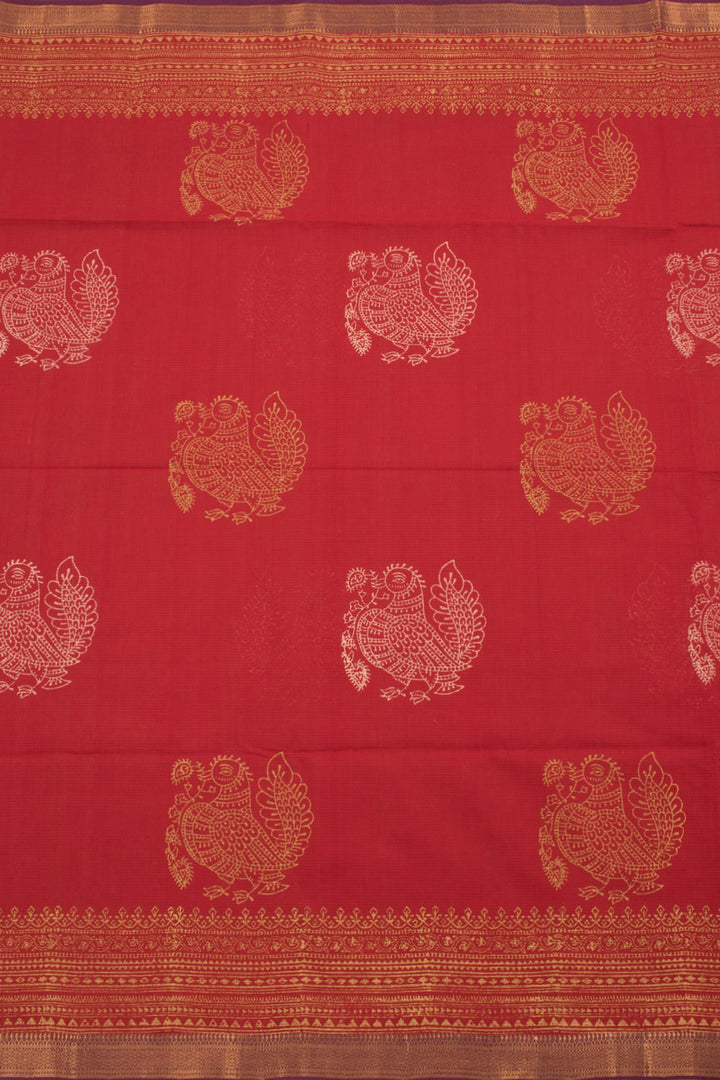 Tomato Red Hand Block Printed Mangalgiri Cotton Saree 10059350