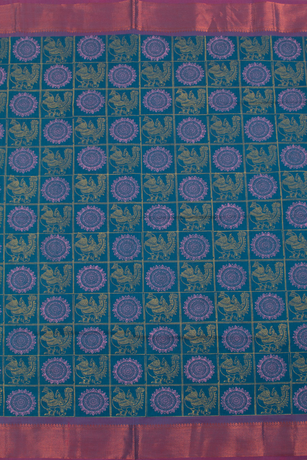 Teal Blue Hand Block Printed Cotton Saree 10059353