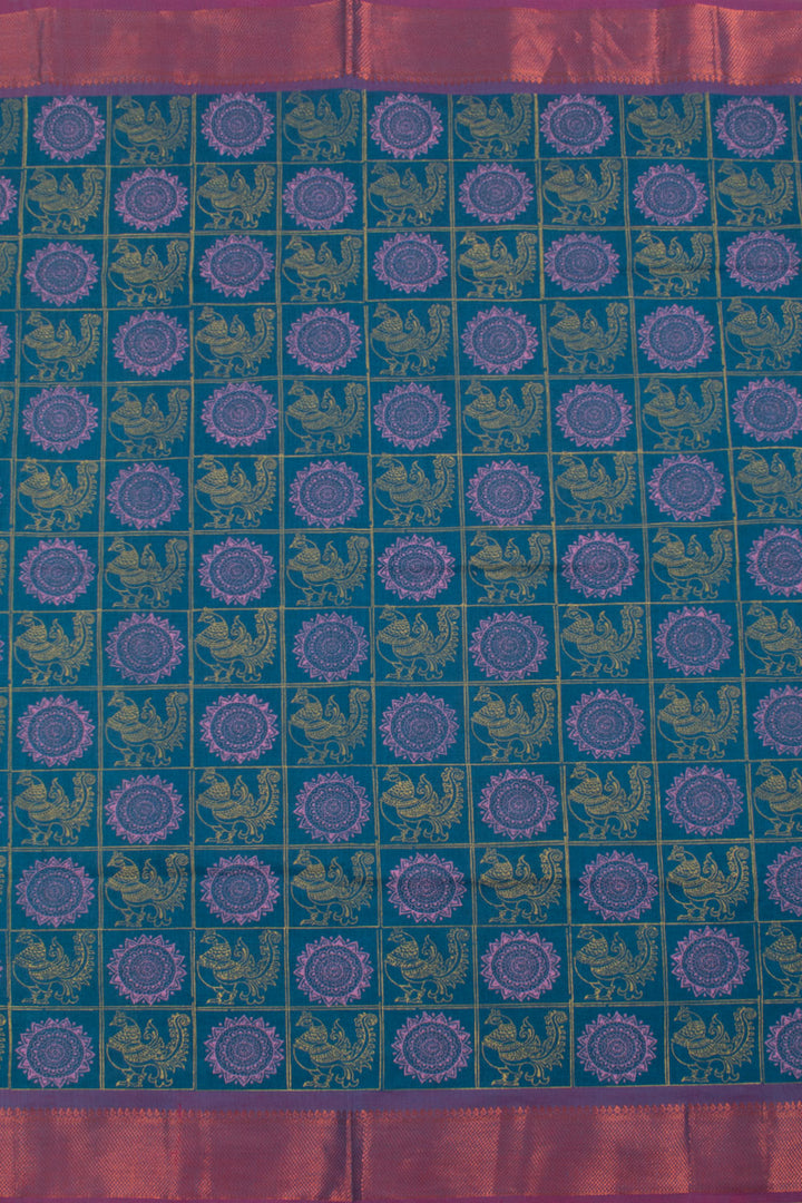 Teal Blue Hand Block Printed Cotton Saree 10059353