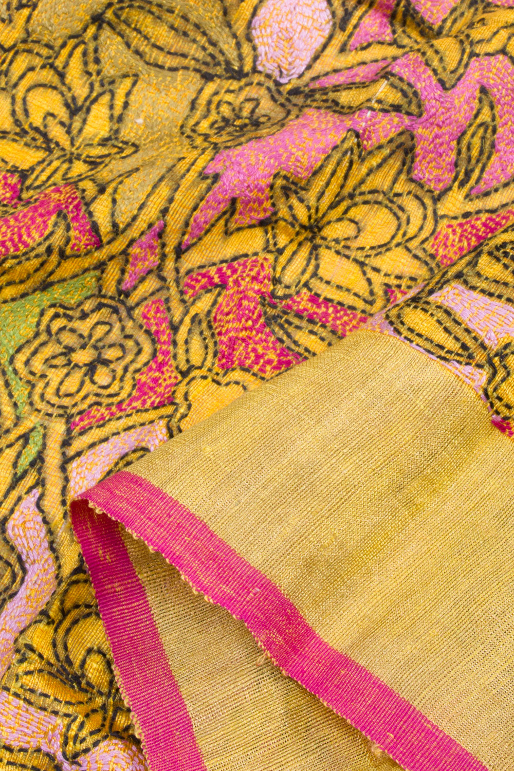 Yellow Kantha Embroidered Silk Cotton Blouse Material 10061883