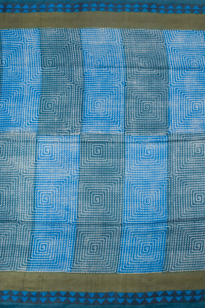 Blue Hand Block Printed Tussar Silk Saree 10061827
