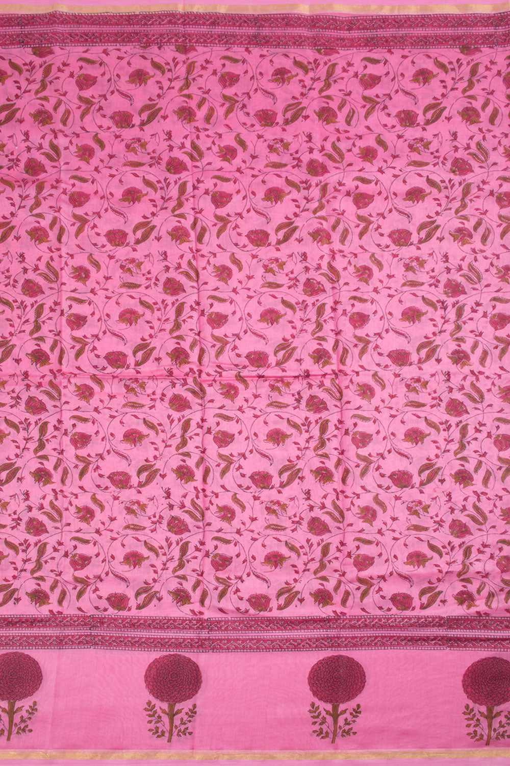 Carnation Pink Hand Block Printed Chanderi Silk Cotton Saree 10059899