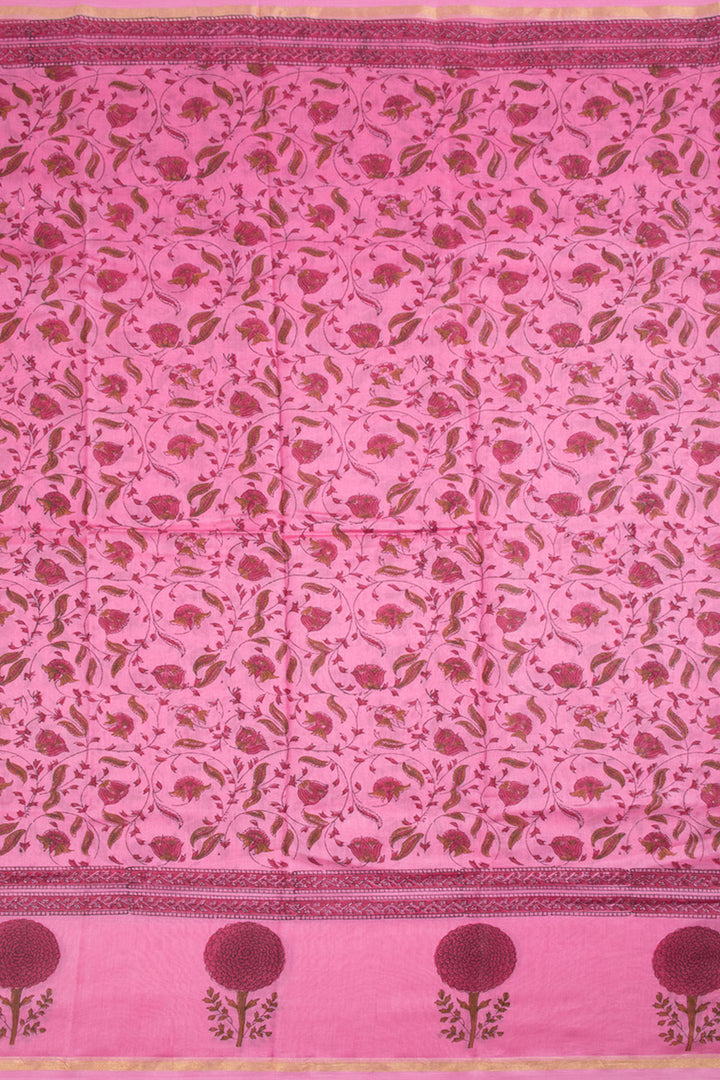 Carnation Pink Hand Block Printed Chanderi Silk Cotton Saree 10059899