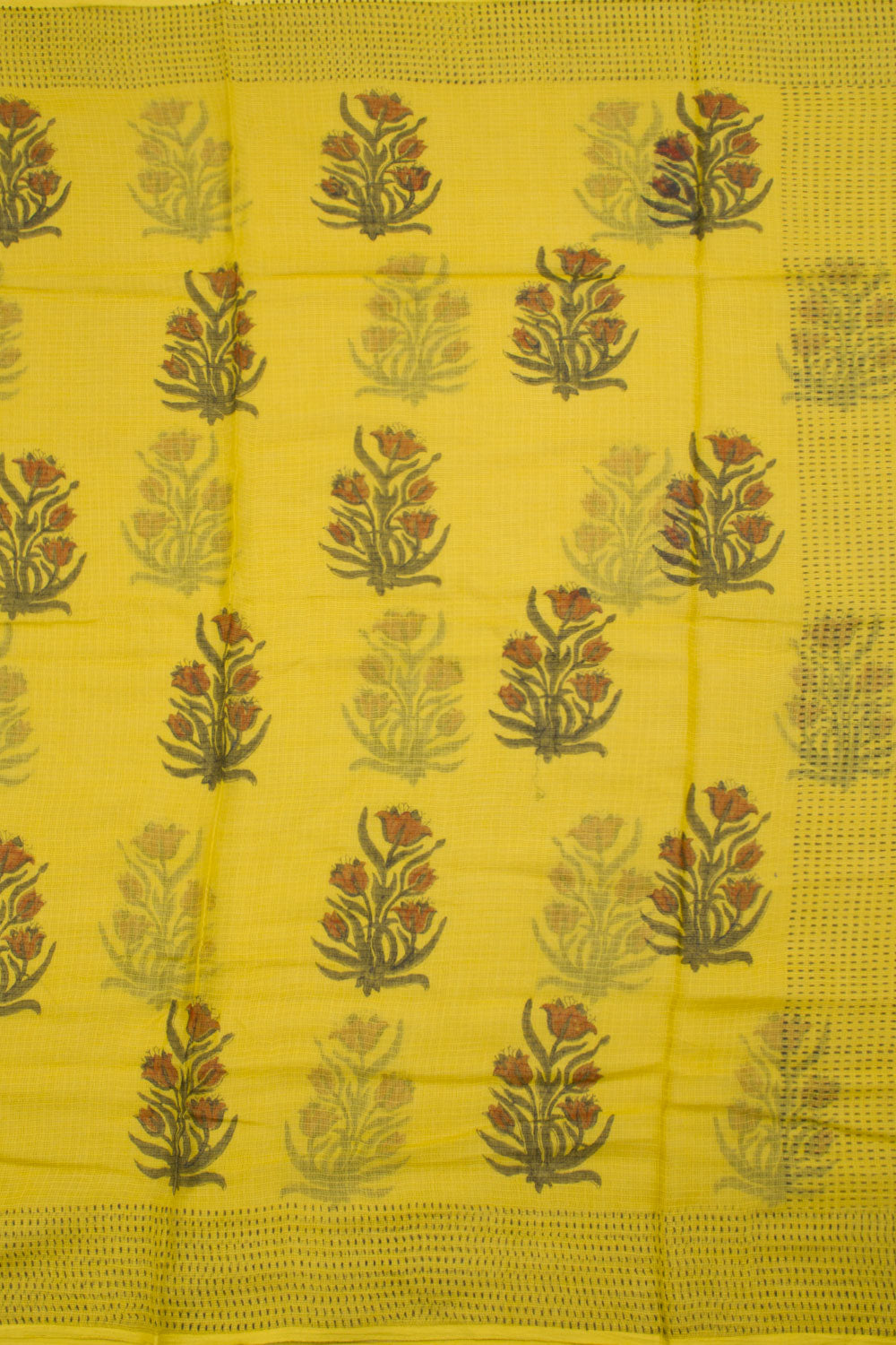 Yellow Hand Block Printed Kota Doria Cotton Saree 10059910