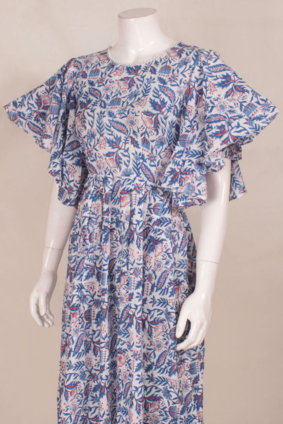 Hand Block Printed Cotton Dress with Flutter Sleeve, Bead work Neck and Side Zip