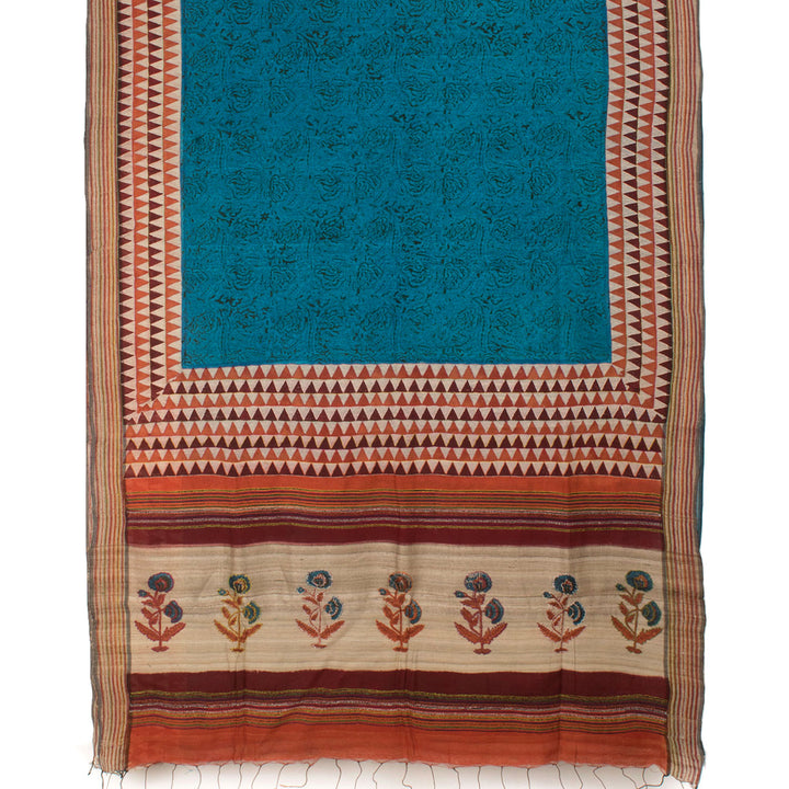 Hand Block Printed and Kantha Embroidered Matka Silk Saree 10057412
