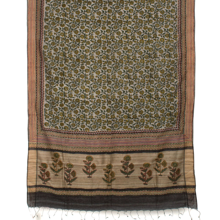 Hand Block Printed and Kantha Embroidered Matka Silk Saree 10057414